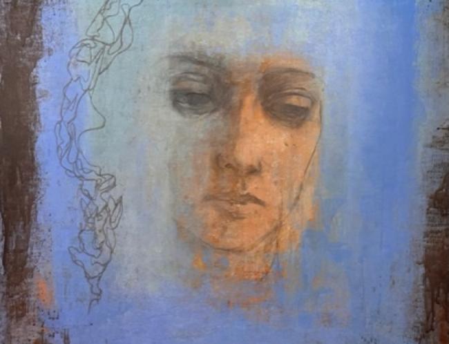 Jaana Heikkinen: Elämänlanka (2024, akryyli ja hiili MDF-levylle, 100 x 70 cm)