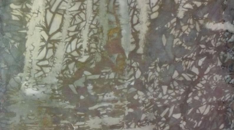 Eeva Kokki: Kulunut (Worn-out, 2025, pigment transfer and acrylic on board, 30 x 30 cm)