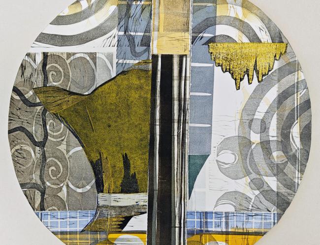 Taina Kokkonen: Sarjasta 'Maamerkkejä' (2026, kohopaino ja kollaasi, 46 x 46 cm, kehystettynä 60 x 60 cm)