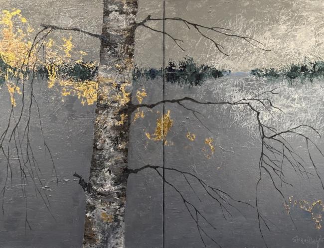 Elena Maijala: Nocturne 5 (2026, öljy ja lehtikulta kankaalle, 73 x 108 cm)