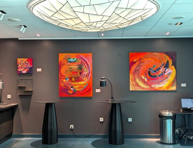 Paintings by Tuulevi Sivunen on display in the collaborative exhibition of the Art Lending office and snack brand Taffel | Photo: Laura Kansanen-Stavale