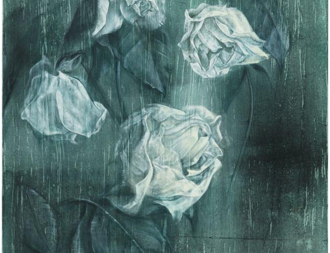 Sara Orava: Neljä valkoista ruusua | Four white roses (2021, tempera kankaalle, 90 x 80 cm)