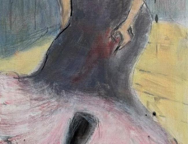 Tiina Sipilä: Askel eteen (2026, tussi ja akryyli kankaalle, 90 x 30 cm)