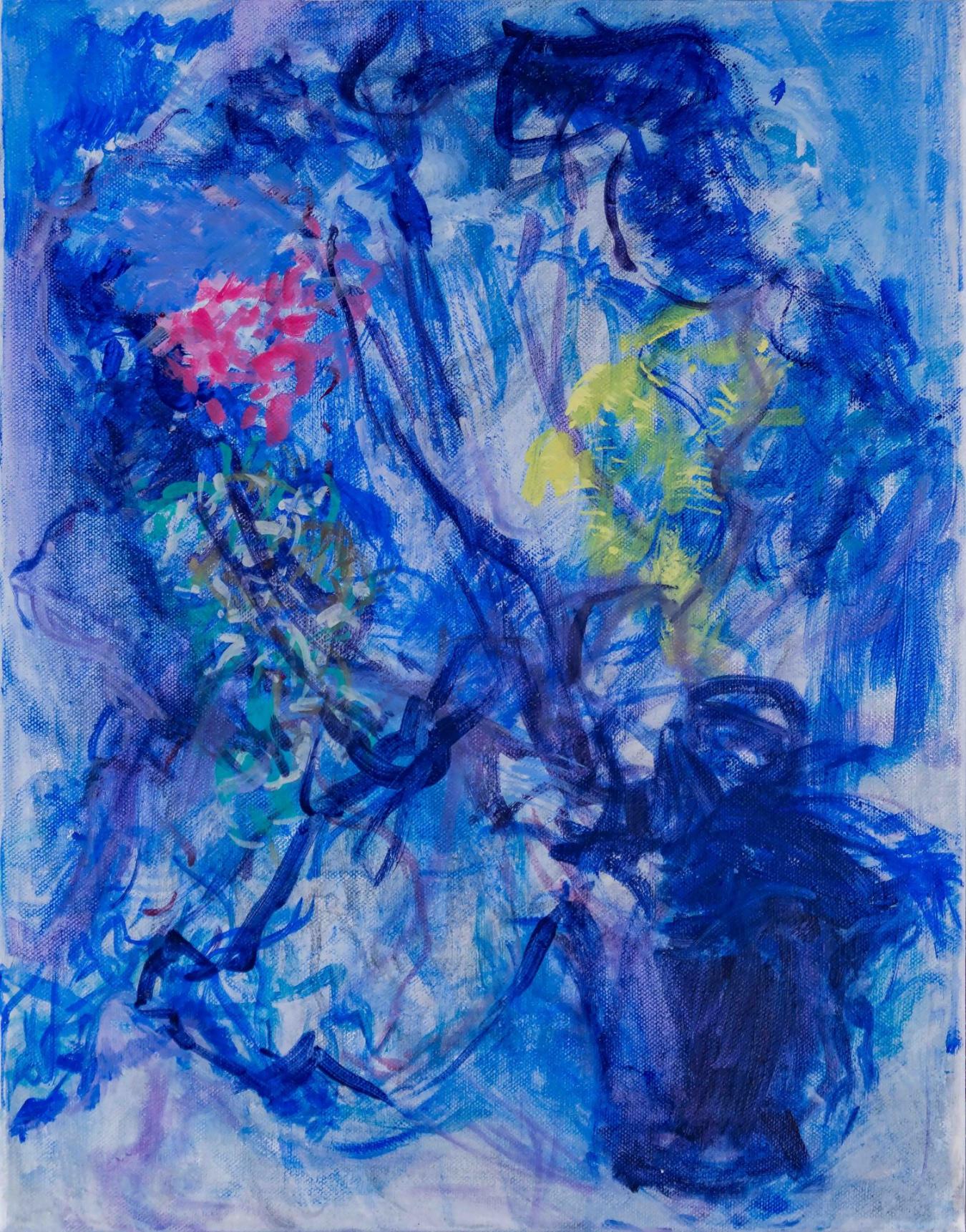 Marjukka Paunila: Se sininen hetki (2024, tempera pellavalle, 50 x 38 cm)