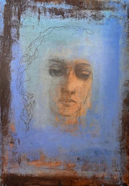 Jaana Heikkinen: Elämänlanka (Lifeline, 2024, acrylic and charcoal on MDF board, 100 x 70 cm)