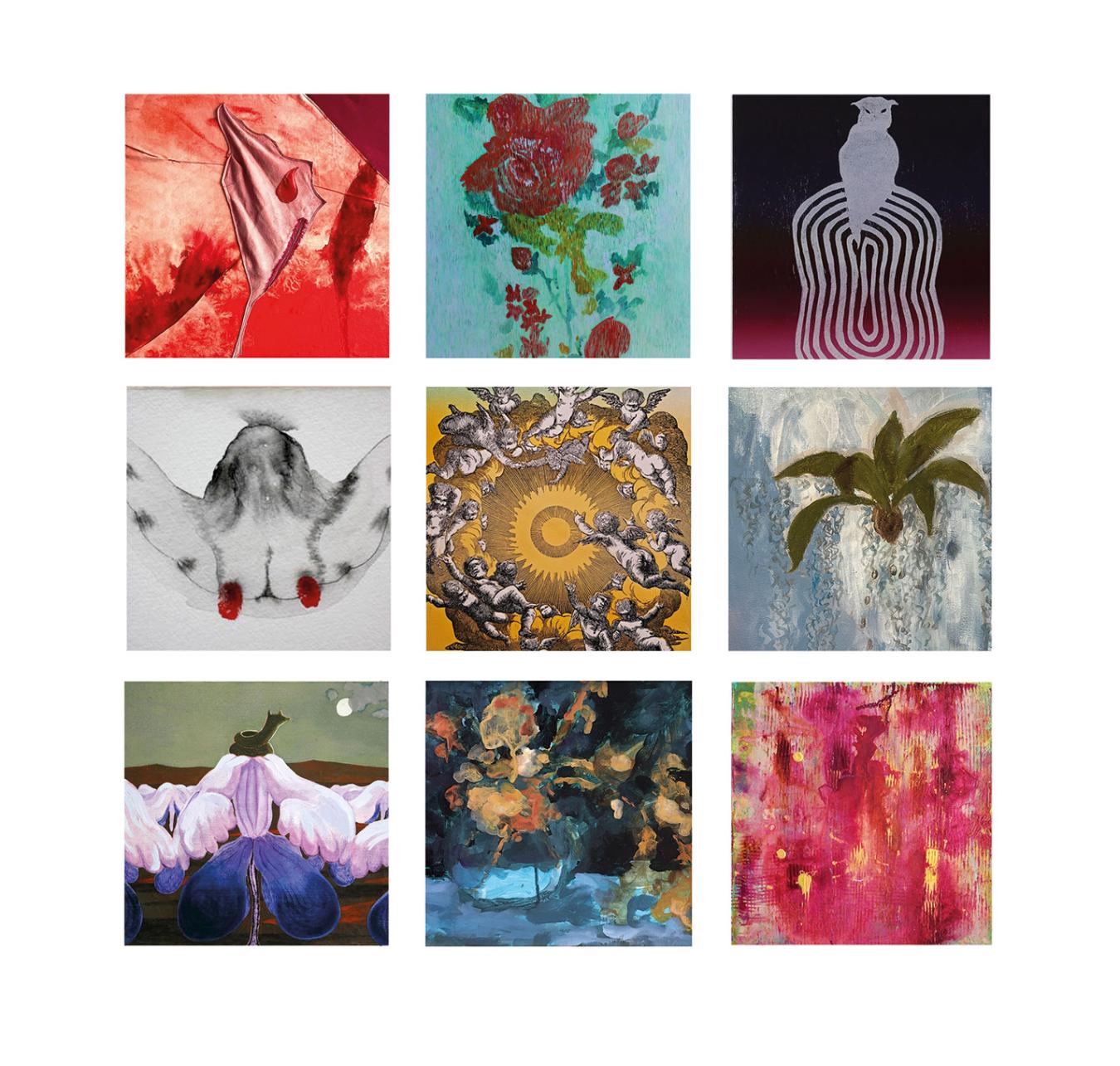 Jouluripustuksen taiteilijoita teoksineen ylh. vas. alkaen: Siiri Pohjolainen: Sarjasta Kyyneleet; Hanna Räty: Ruusuryijy; Antti Tanttu: Minervan arvoitus; Tuija Metti: Kukin meistä; Rita Vargas: Air; Krista Kortelainen: Kasvuvoima; Meri Hallenberg: Yötön yö; Terhi Ketolainen: Viimeiset kiusaukset ja Laura Kansanen-Stavale: Punaisen muisti