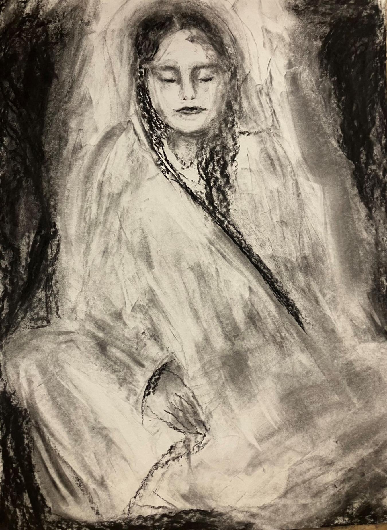 Vinha Jonna: Meditaatio – Valöörimaalaus (hiili paperille, 56 x 76 cm)