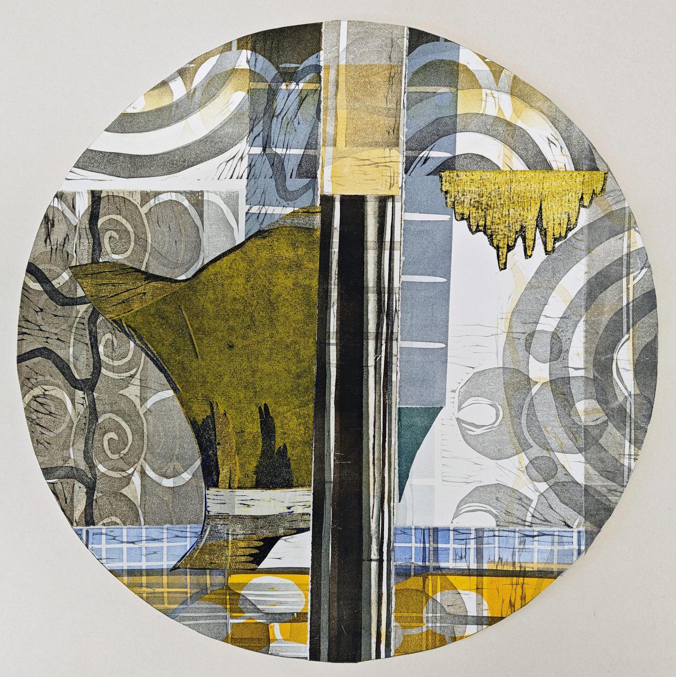 Taina Kokkonen: Sarjasta 'Maamerkkejä' (2026, kohopaino ja kollaasi, 46 x 46 cm, kehystettynä 60 x 60 cm)