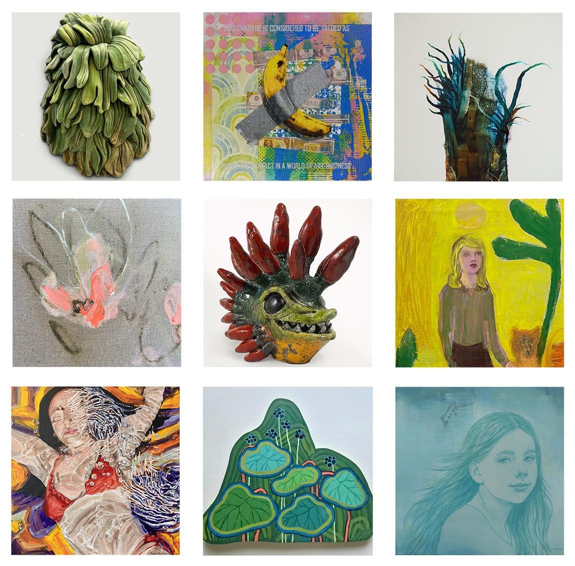 Clockwise from top left | Tiia Matikainen: Sivustakatsoja I Samuli Suonperä: Consumer Values | Anna Uschanov: Muodonmuutoksia (osa 2.) | Johanna Sipilä: Waiting for You | Aino Eeronheimo: Chilipiraija | Tiina Forsman: Leijonanpoikanen | Sophie Schubakoff: Firecracker - Sähikäinen | Sanna Seetri: Ups and downs | Maria Mughal: Luotan