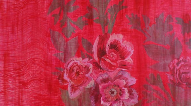 Hanna Räty: Ruusuhuivi (Scarf with roses, 2022, oil and beeswax on MDF board, 80 x 80 cm)