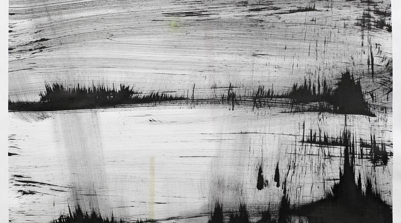 Paula Tella: Yhtä tyhjän kanssa – Aukkoja olemassaolon rakenteissa (d) (2022, tussi ja vesiväri, 96 x 114 cm)