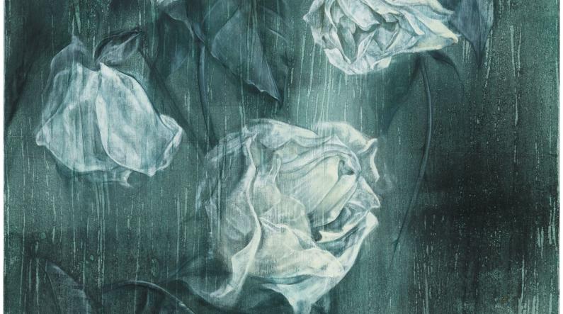 Sara Orava: Neljä valkoista ruusua | Four white roses (2021, tempera kankaalle, 90 x 80 cm)