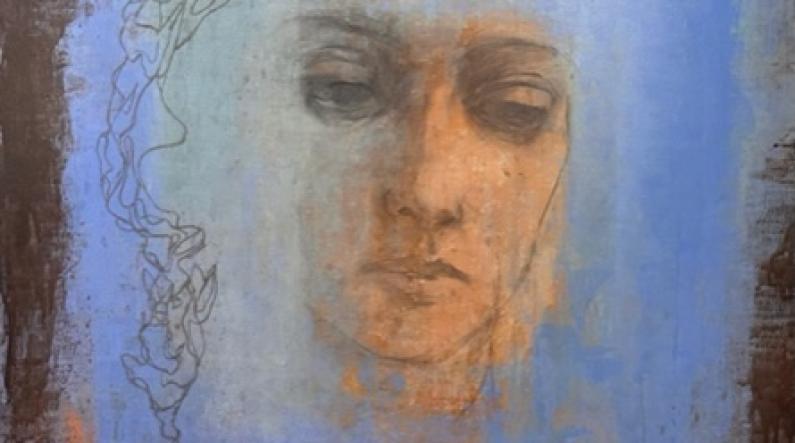 Jaana Heikkinen: Elämänlanka (Lifeline, 2024, acrylic and charcoal on MDF board, 100 x 70 cm)