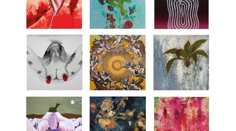 Jouluripustuksen taiteilijoita teoksineen ylh. vas. alkaen: Siiri Pohjolainen: Sarjasta Kyyneleet; Hanna Räty: Ruusuryijy; Antti Tanttu: Minervan arvoitus; Tuija Metti: Kukin meistä; Rita Vargas: Air; Krista Kortelainen: Kasvuvoima; Meri Hallenberg: Yötön yö; Terhi Ketolainen: Viimeiset kiusaukset ja Laura Kansanen-Stavale: Punaisen muisti