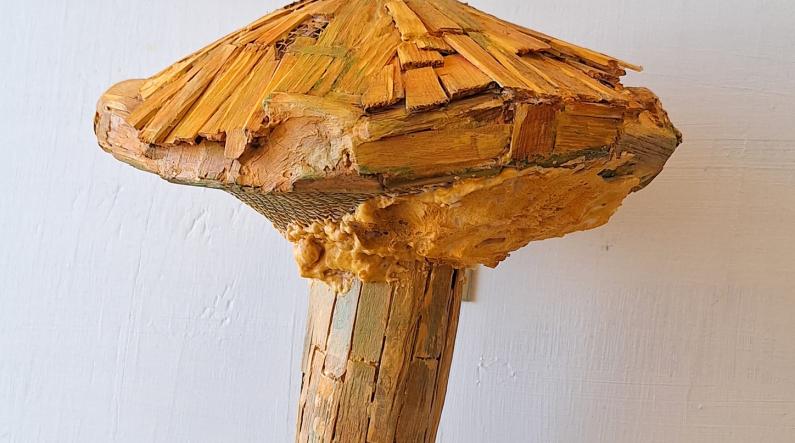 Aaron Hermunen: Kivettynyt (2025 puu ja sekatekniikka, 19 cm x 19 cm x 18 cm)