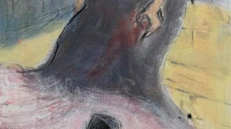 Tiina Sipilä: Askel eteen (One Step Forward, 2026, Indian ink and acrylic on canvas, 90 x 30 cm)